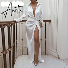 New Satin Silk Sexy Long Sleeve Party Dresses Women Night Club Soft Dress Autumn Dress V-Neck Solid Split Turn Down Collor M0010 Aiertu