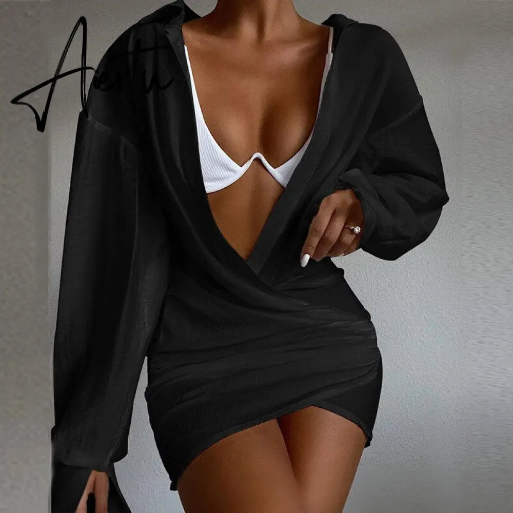 New Satin Silk Sexy Long Sleeve Party Dresses Women Night Club Soft Dress Autumn Dress V-Neck Solid Split Turn Down Collor M0010 Aiertu