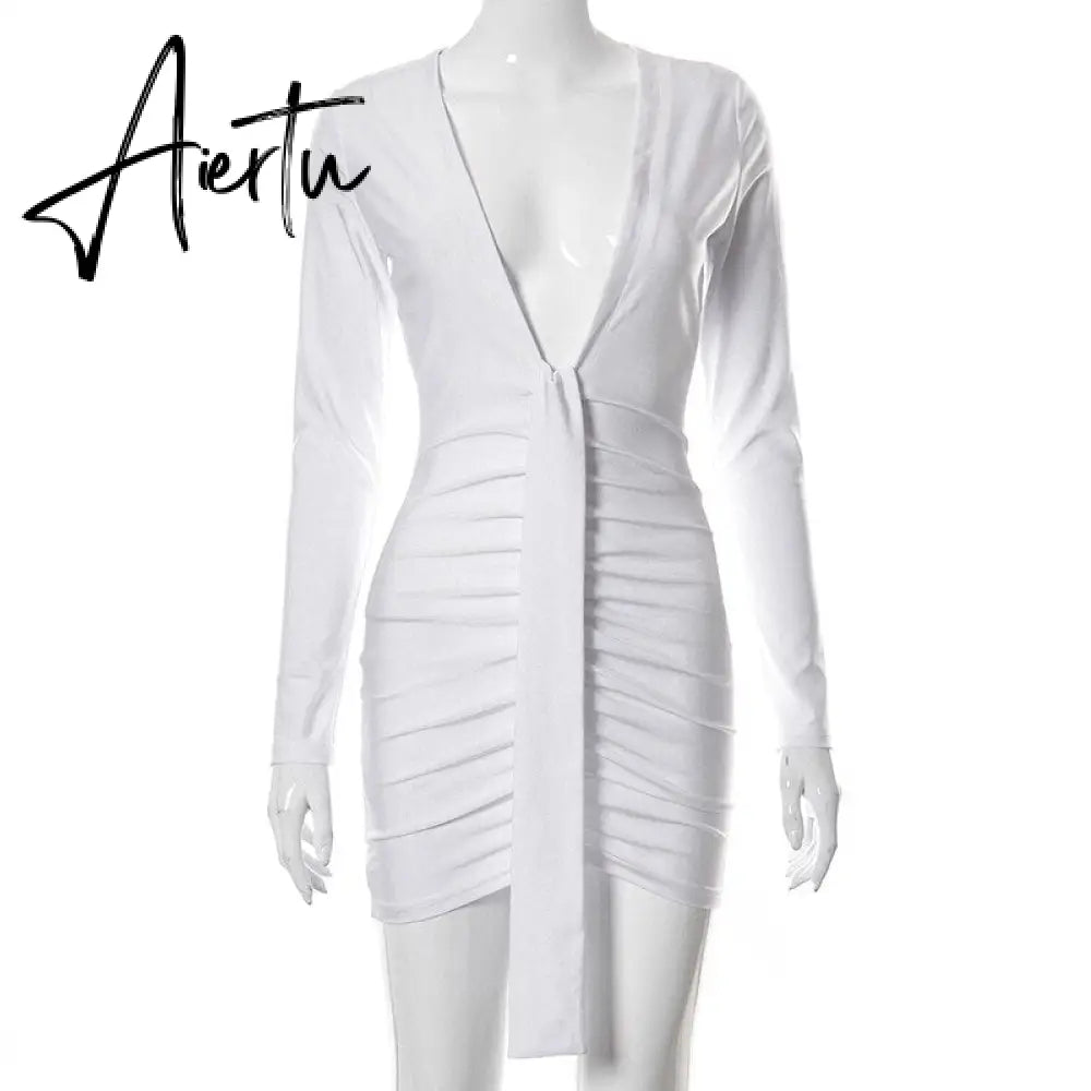 New Satin Silk Sexy Long Sleeve Party Dresses Women Night Club Soft Dress Autumn Dress V-Neck Solid Split Turn Down Collor M0010 Aiertu