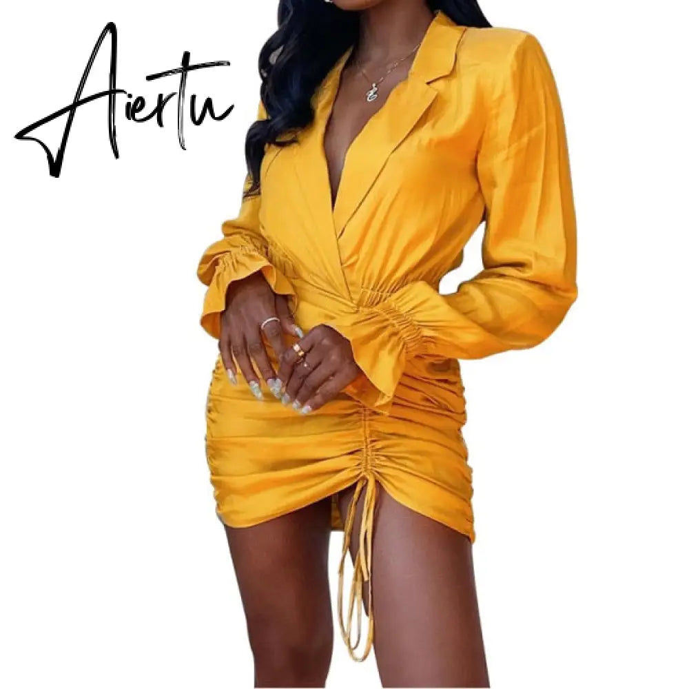 New Satin Silk Sexy Long Sleeve Party Dresses Women Night Club Soft Dress Autumn Dress V-Neck Solid Split Turn Down Collor Aiertu