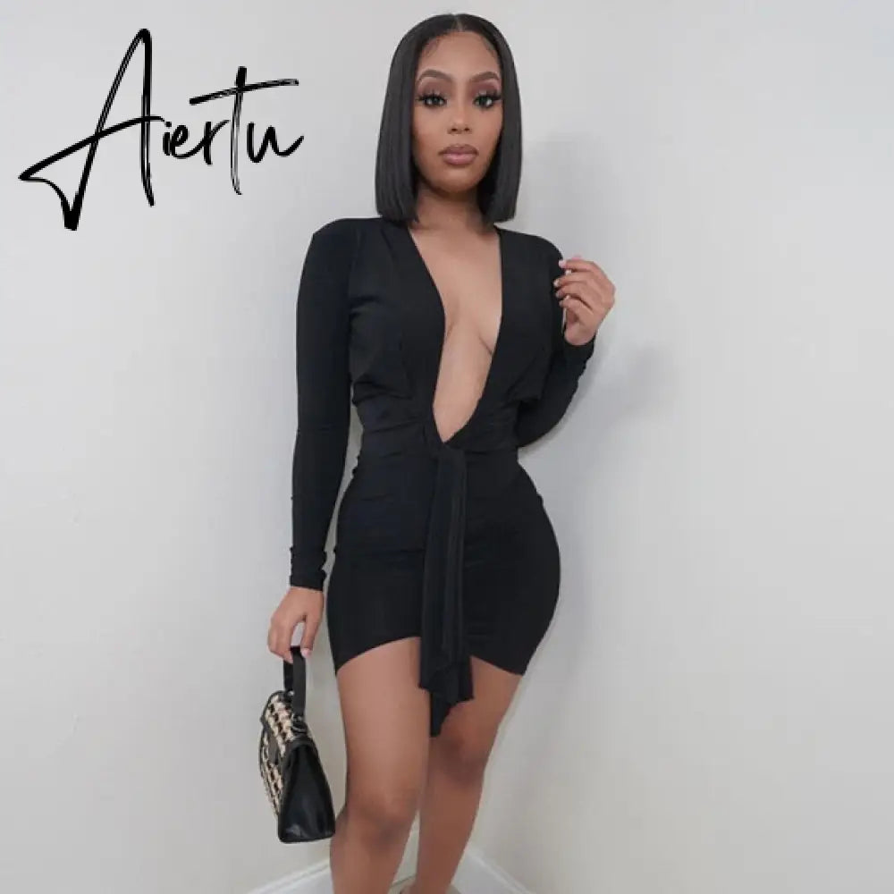 New Satin Silk Sexy Long Sleeve Party Dresses Women Night Club Soft Dress Autumn Dress V-Neck Solid Split Turn Down Collor Aiertu