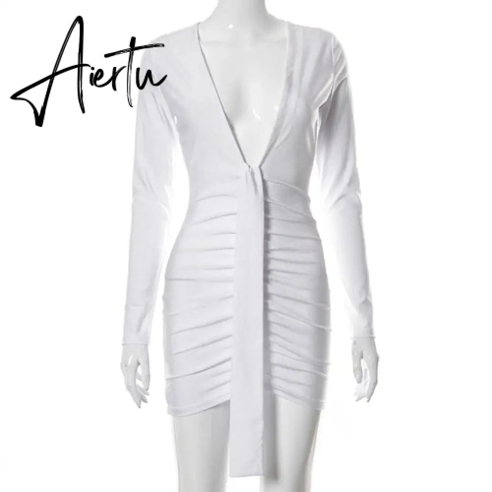 New Satin Silk Sexy Long Sleeve Party Dresses Women Night Club Soft Dress Autumn Dress V-Neck Solid Split Turn Down Collor Aiertu