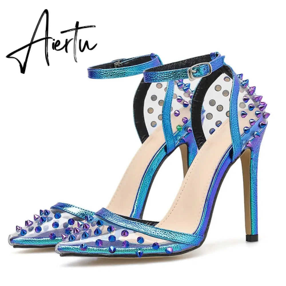 New Sexy PVC Rivet Women Pumps Fashion Shoes Female Ankle Buckle Strap Ladies Party High Heels Shoes Aiertu