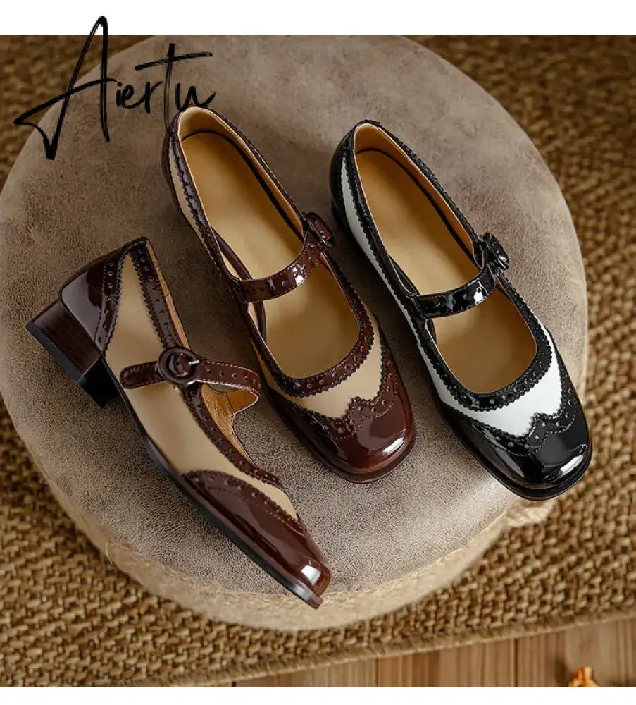 NEW Spring/Autumn Shoes Women Square Toe Chunky Heel Mary Janes Mixed Color Women Pumps Patent Leather Shoes Classics High Heels Aiertu