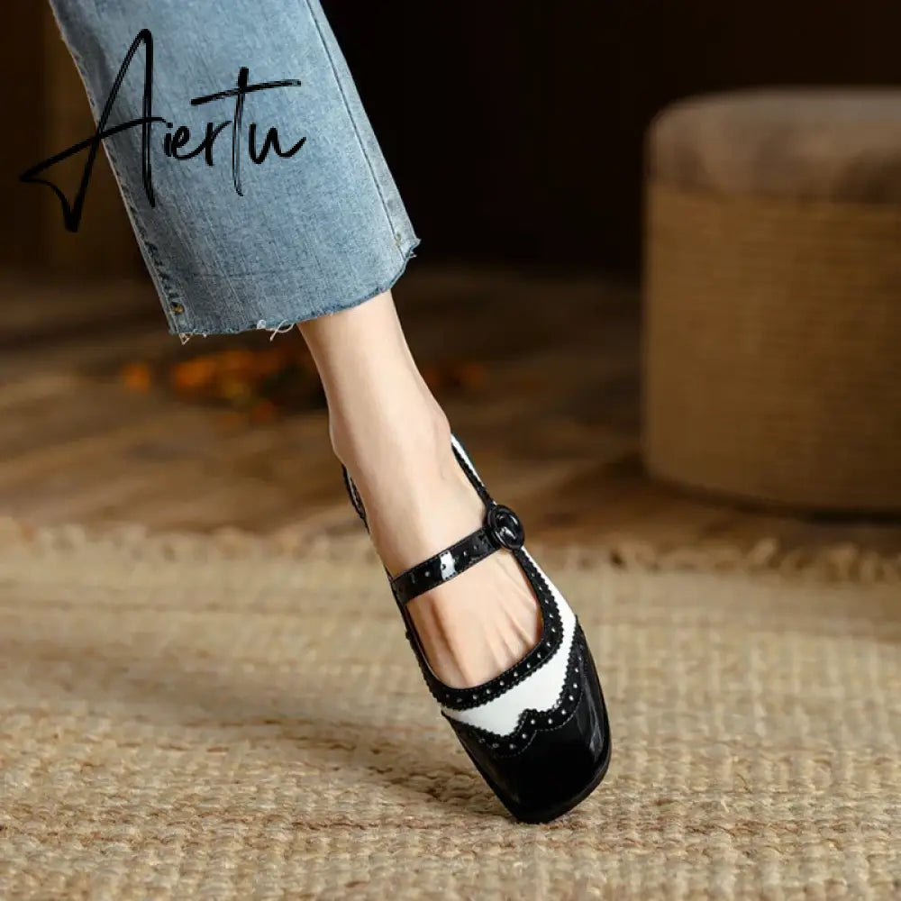 NEW Spring/Autumn Shoes Women Square Toe Chunky Heel Mary Janes Mixed Color Women Pumps Patent Leather Shoes Classics High Heels Aiertu