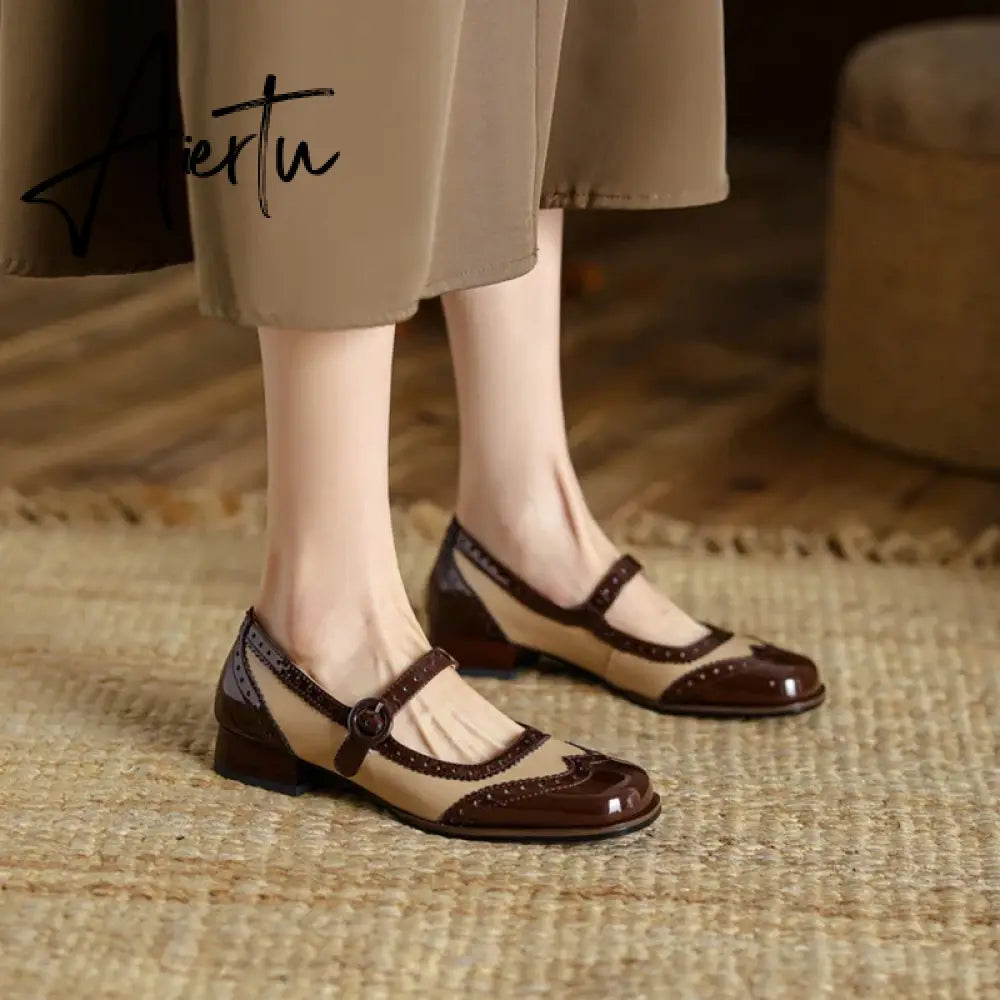 NEW Spring/Autumn Shoes Women Square Toe Chunky Heel Mary Janes Mixed Color Women Pumps Patent Leather Shoes Classics High Heels Aiertu