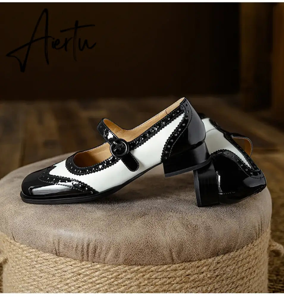 NEW Spring/Autumn Shoes Women Square Toe Chunky Heel Mary Janes Mixed Color Women Pumps Patent Leather Shoes Classics High Heels Aiertu