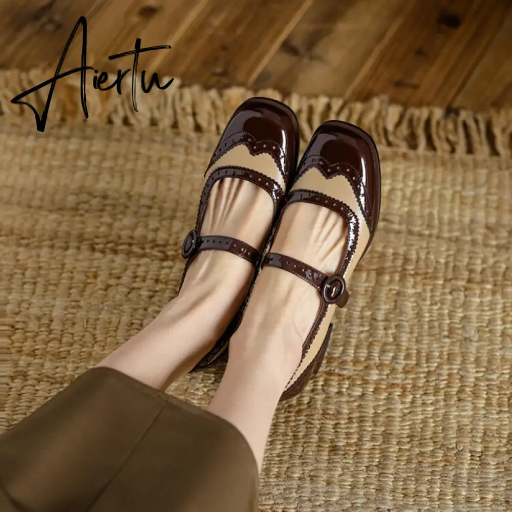 NEW Spring/Autumn Shoes Women Square Toe Chunky Heel Mary Janes Mixed Color Women Pumps Patent Leather Shoes Classics High Heels Aiertu