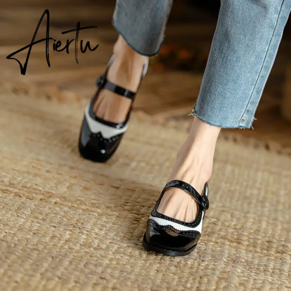 NEW Spring/Autumn Shoes Women Square Toe Chunky Heel Mary Janes Mixed Color Women Pumps Patent Leather Shoes Classics High Heels Aiertu