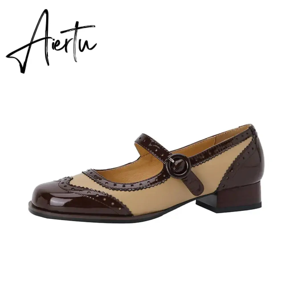 NEW Spring/Autumn Shoes Women Square Toe Chunky Heel Mary Janes Mixed Color Women Pumps Patent Leather Shoes Classics High Heels Aiertu