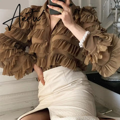 New Spring Korean Ruffles Blouse Women Turn Down Collar Long Sleeve Tops Loose Heavy Work Cupcake Ol Shirt Feminino Blusas Aiertu