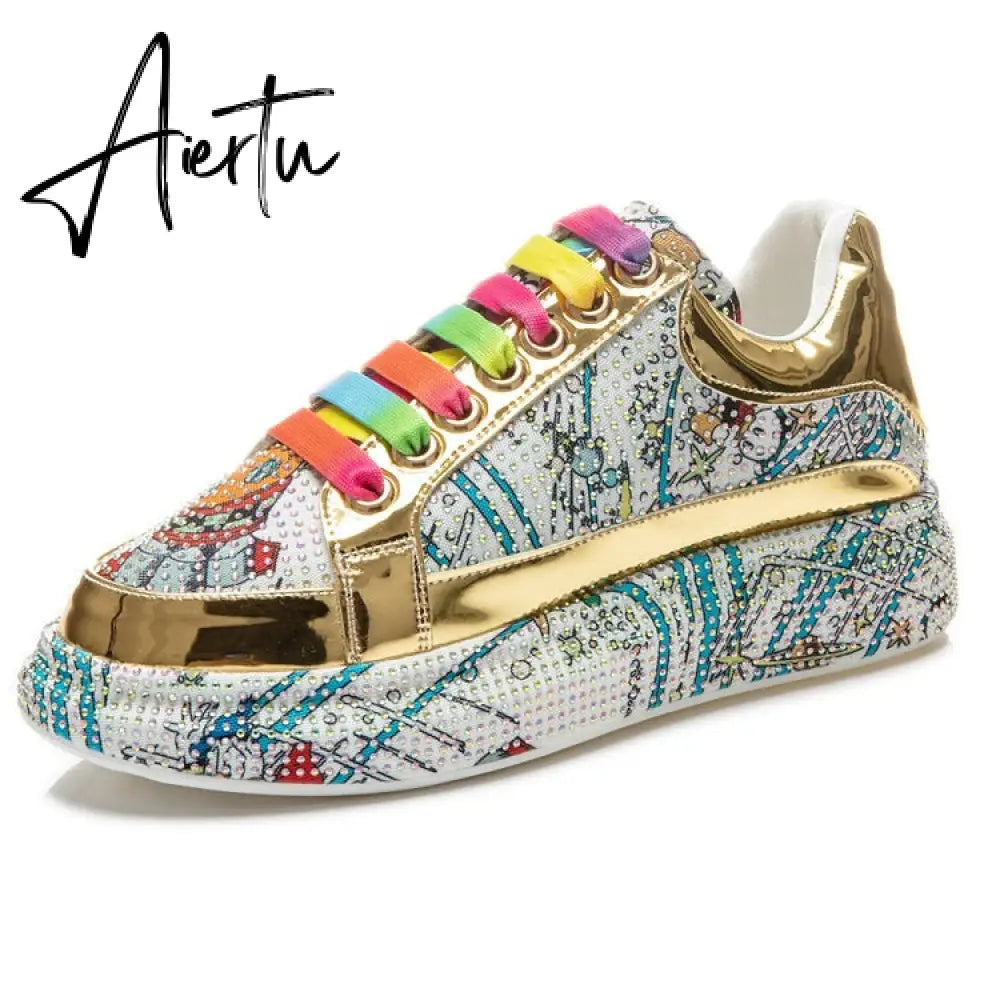 New Spring Women Sneakers Fashion rhinestones Thick Sole Sports Shoes for Youth School Shoes Crystal Silver Platform Sneakers Aiertu