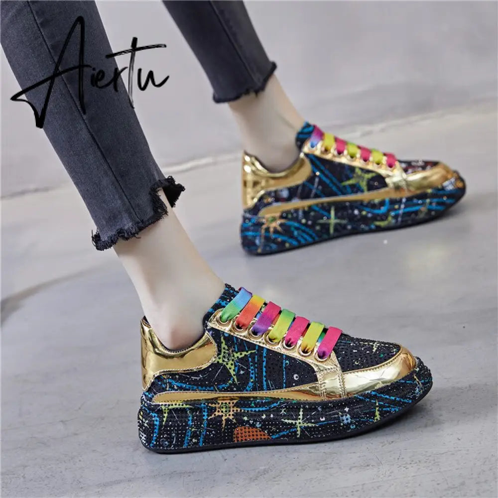 New Spring Women Sneakers Fashion rhinestones Thick Sole Sports Shoes for Youth School Shoes Crystal Silver Platform Sneakers Aiertu
