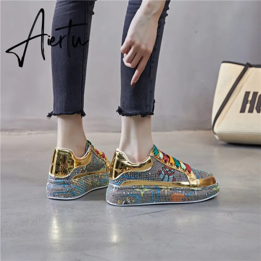 New Spring Women Sneakers Fashion rhinestones Thick Sole Sports Shoes for Youth School Shoes Crystal Silver Platform Sneakers Aiertu