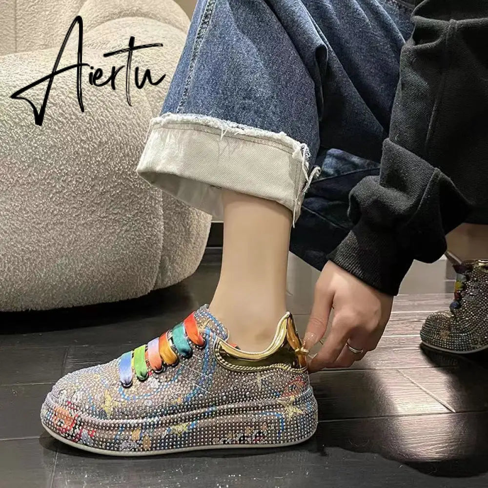 New Spring Women Sneakers Fashion rhinestones Thick Sole Sports Shoes for Youth School Shoes Crystal Silver Platform Sneakers Aiertu