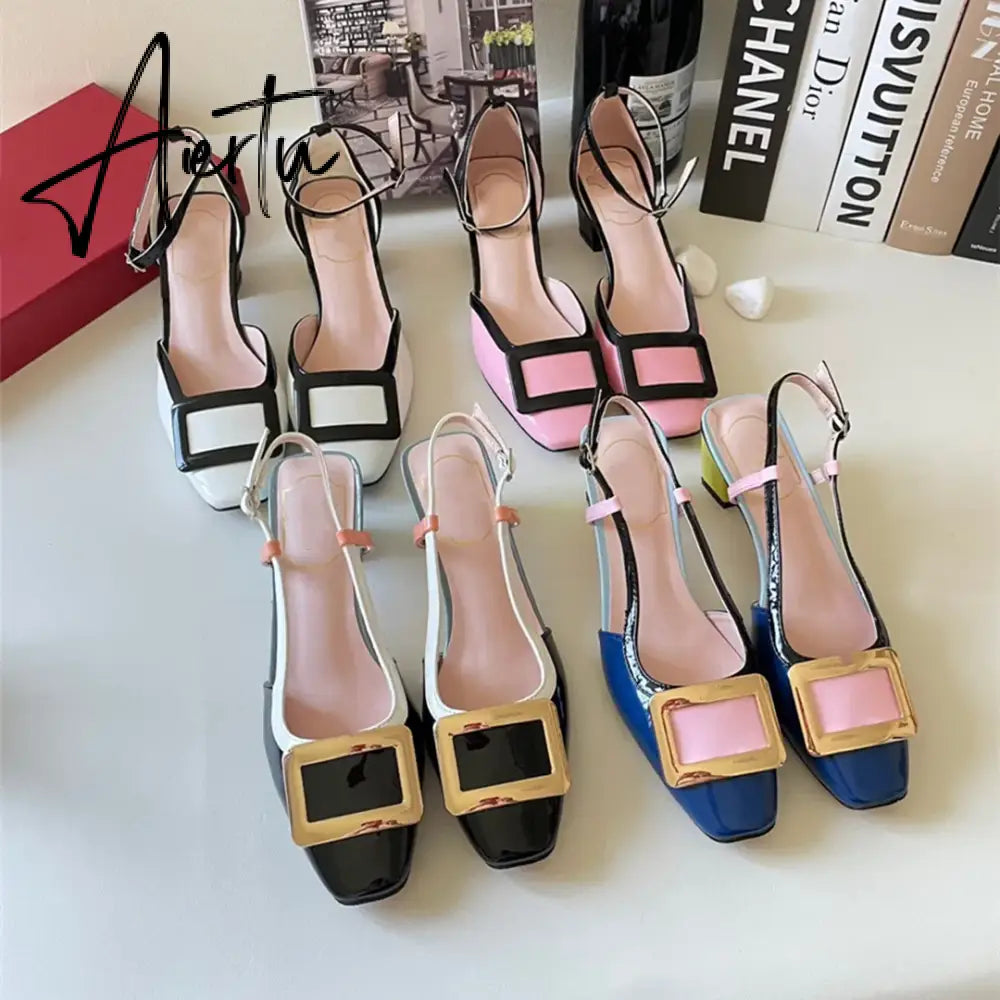 New Square Buckle Closed Toe Sandals Chunky Heel Patent Leather Color-Matching Sandals Mid Heel Ankle-Strap Shoes Aiertu