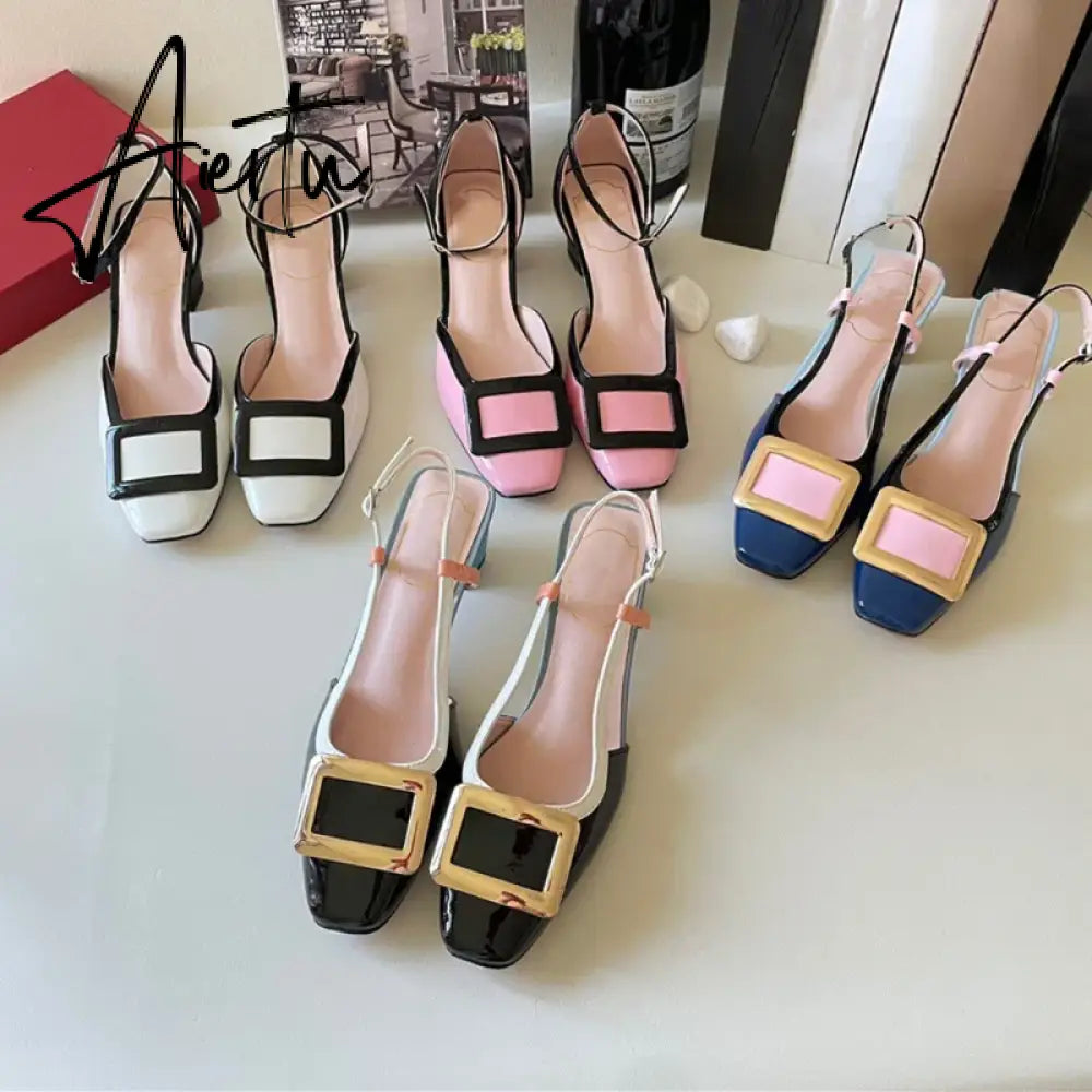 New Square Buckle Closed Toe Sandals Chunky Heel Patent Leather Color-Matching Sandals Mid Heel Ankle-Strap Shoes Aiertu