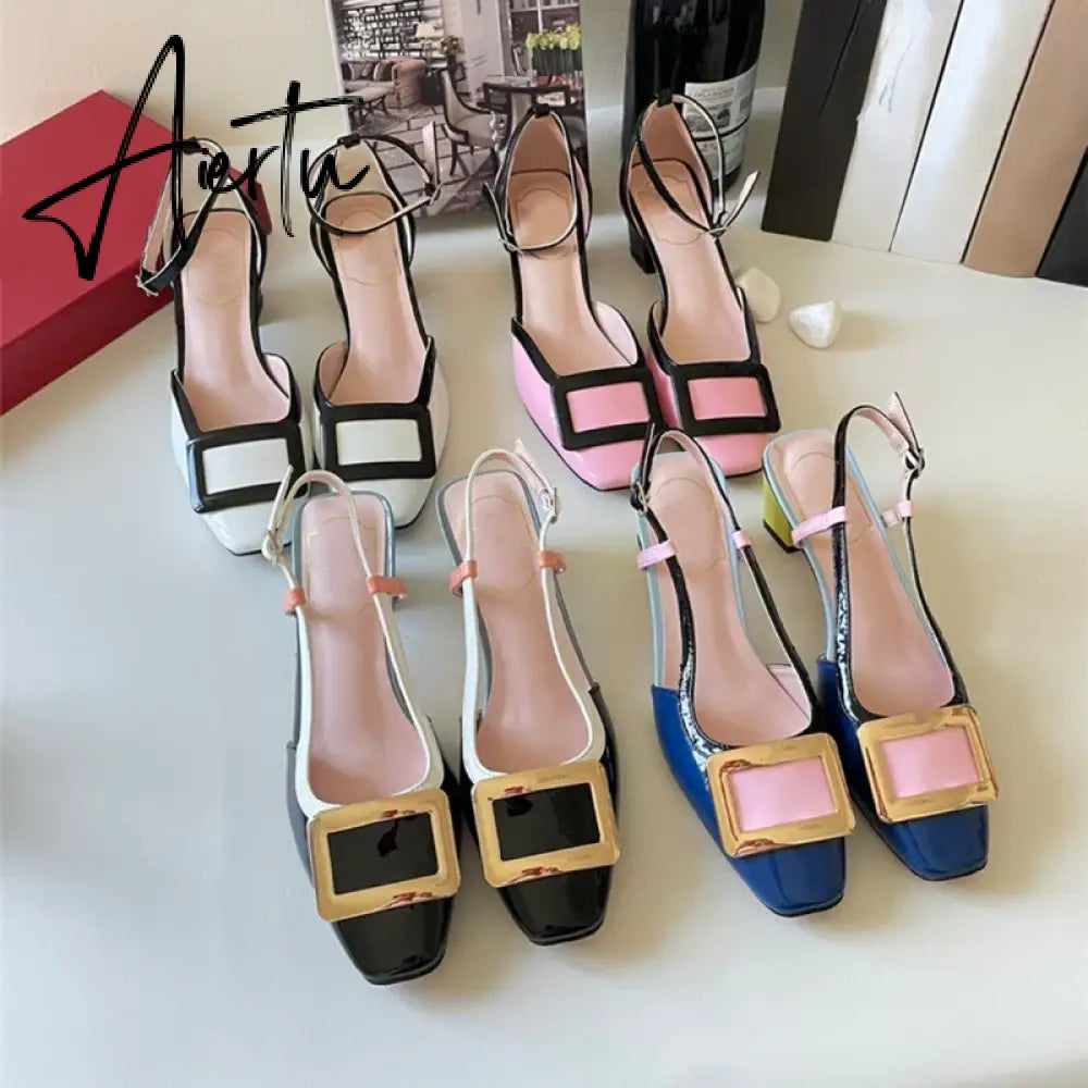 New Square Buckle Closed Toe Sandals Chunky Heel Patent Leather Color-Matching Sandals Mid Heel Ankle-Strap Shoes Aiertu