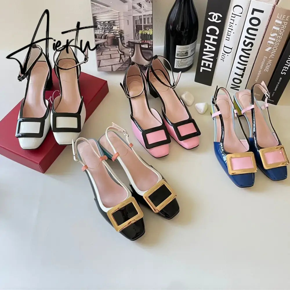 New Square Buckle Closed Toe Sandals Chunky Heel Patent Leather Color-Matching Sandals Mid Heel Ankle-Strap Shoes Aiertu