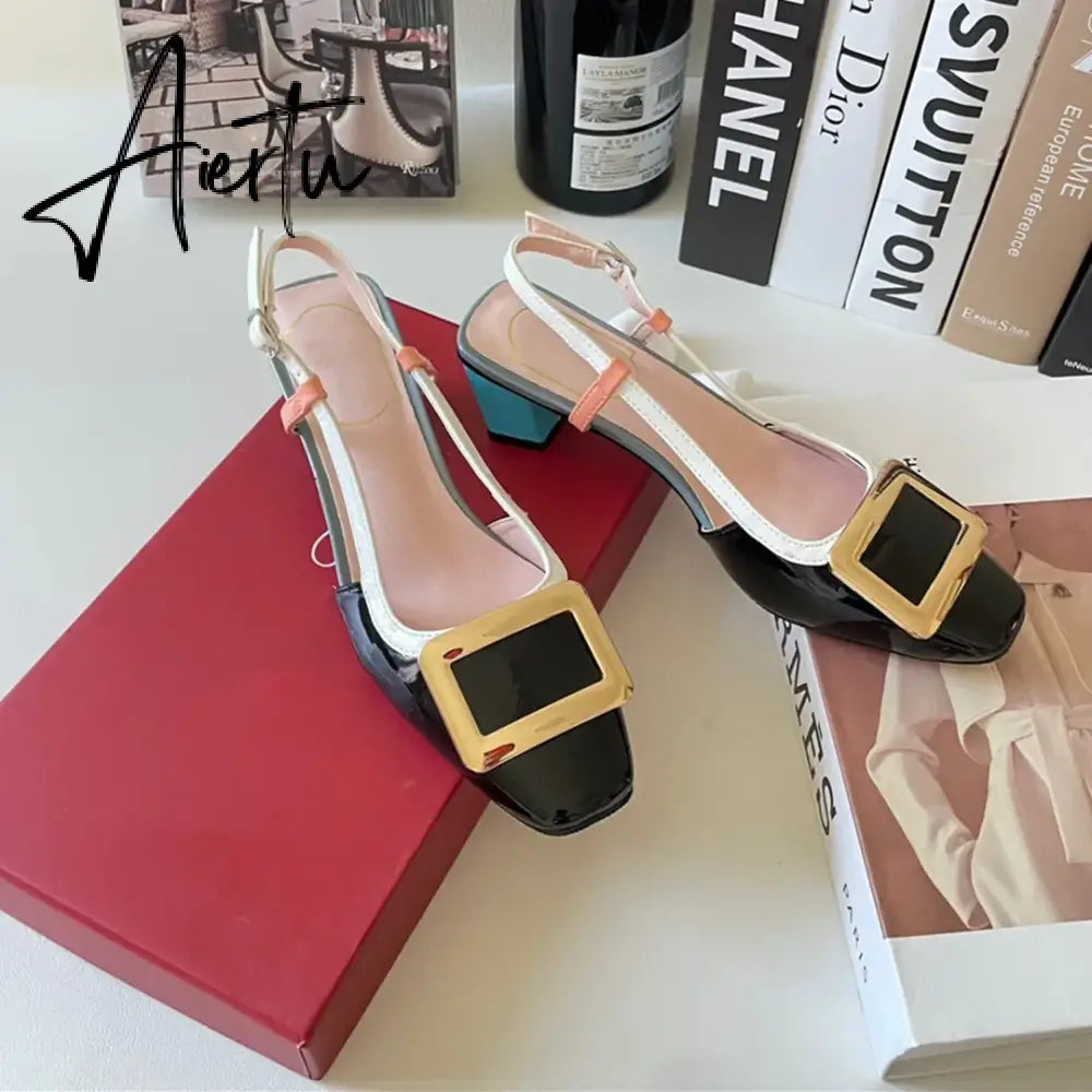 New Square Buckle Closed Toe Sandals Chunky Heel Patent Leather Color-Matching Sandals Mid Heel Ankle-Strap Shoes Aiertu