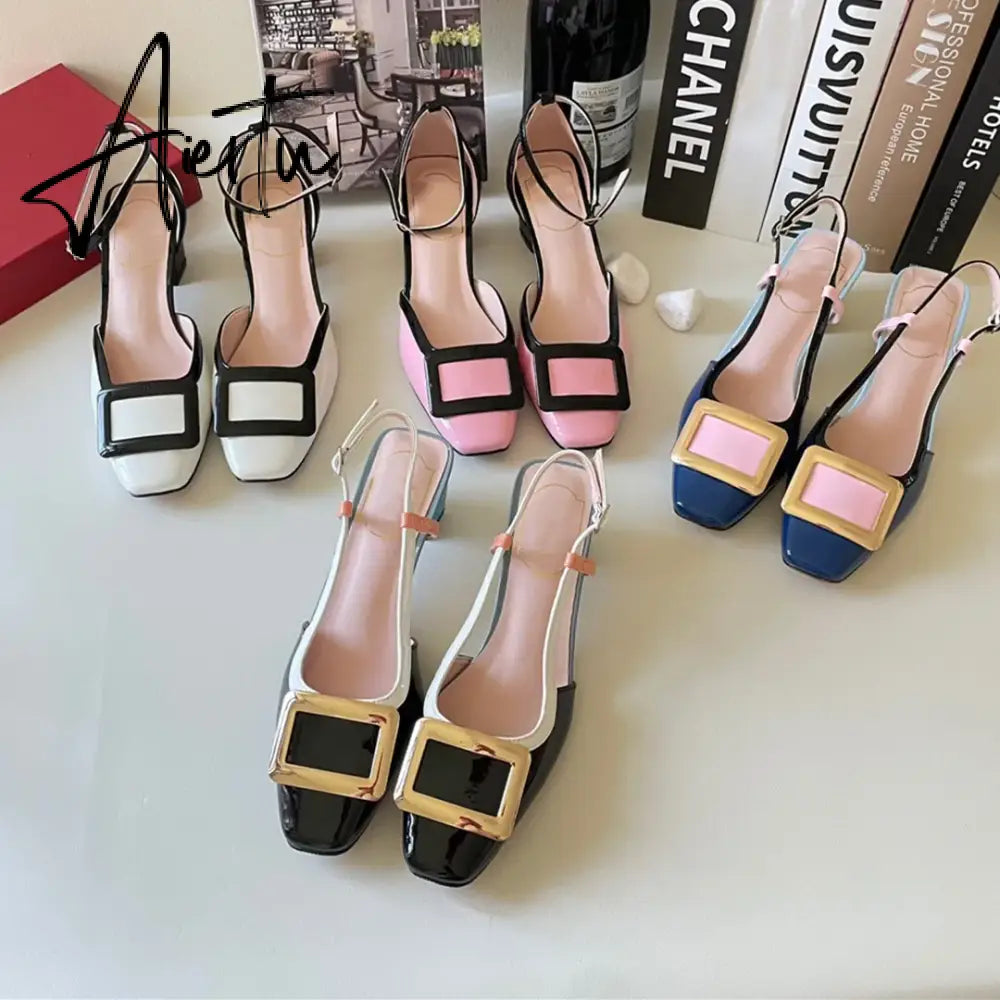 New Square Buckle Closed Toe Sandals Chunky Heel Patent Leather Color-Matching Sandals Mid Heel Ankle-Strap Shoes Aiertu