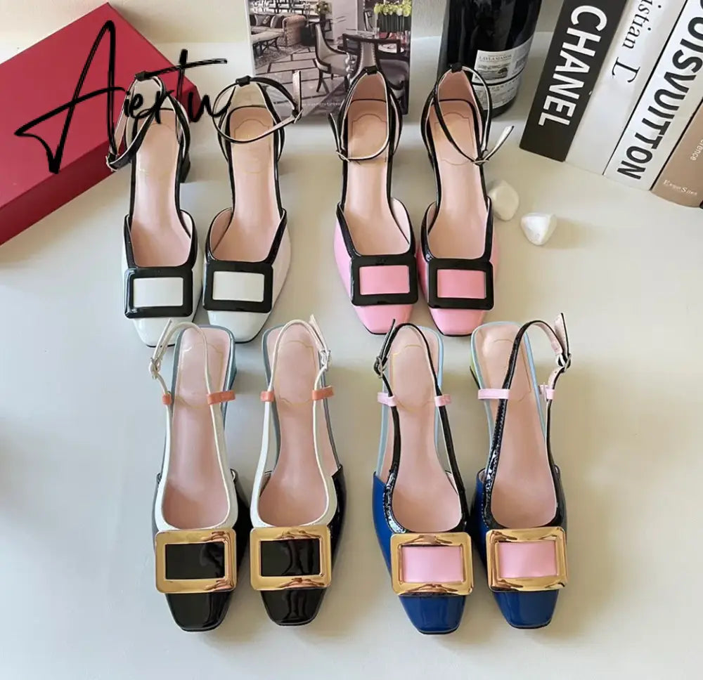 New Square Buckle Closed Toe Sandals Chunky Heel Patent Leather Color-Matching Sandals Mid Heel Ankle-Strap Shoes Aiertu