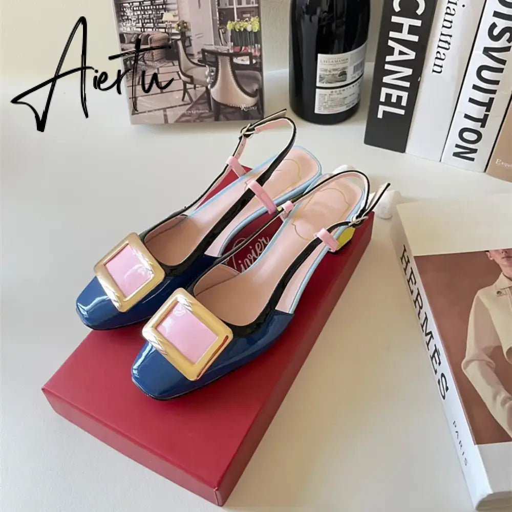 New Square Buckle Closed Toe Sandals Chunky Heel Patent Leather Color-Matching Sandals Mid Heel Ankle-Strap Shoes Aiertu