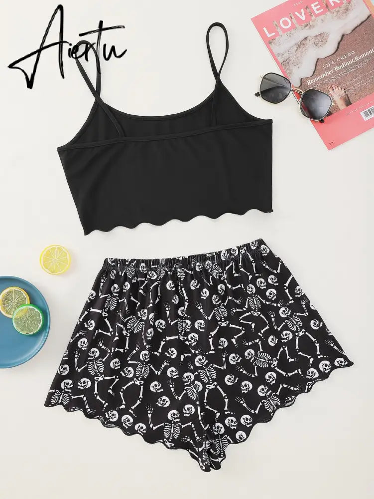 New Style Personality Fashion Lady's Cartoon Skeleton Hand Print Camisole With Shorts Pajama Set Comfortable Home Wear Sleepwear Aiertu