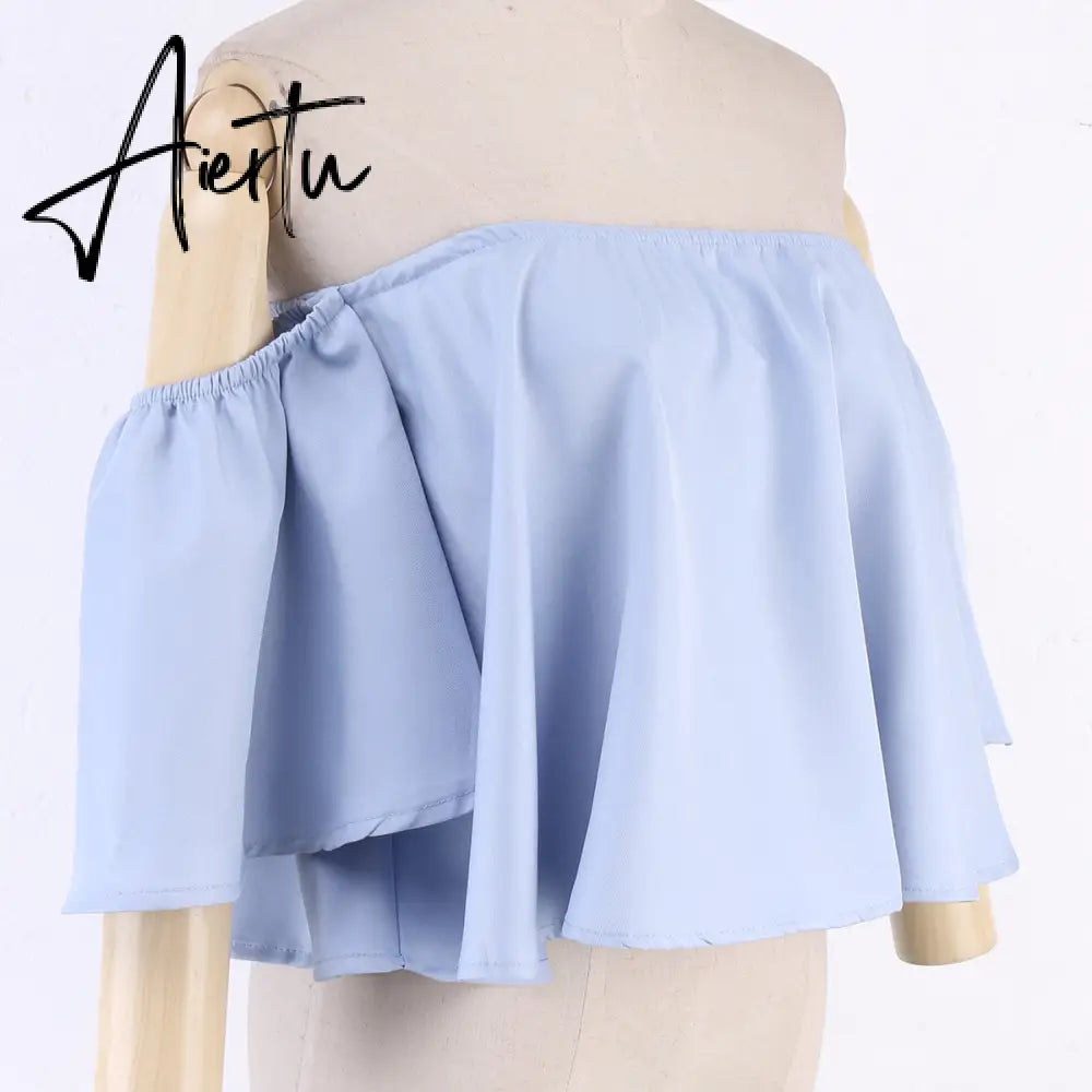 New Stylish Spring Summer Women Ladies Flare sleeve Off Shoulder Solid Tank shirts Crop Tops Cropped Pullovers Blouse Costume Aiertu