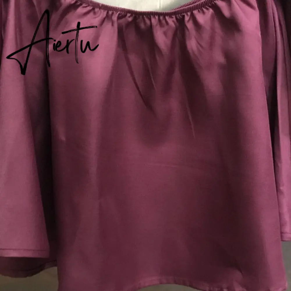 New Stylish Spring Summer Women Ladies Flare sleeve Off Shoulder Solid Tank shirts Crop Tops Cropped Pullovers Blouse Costume Aiertu