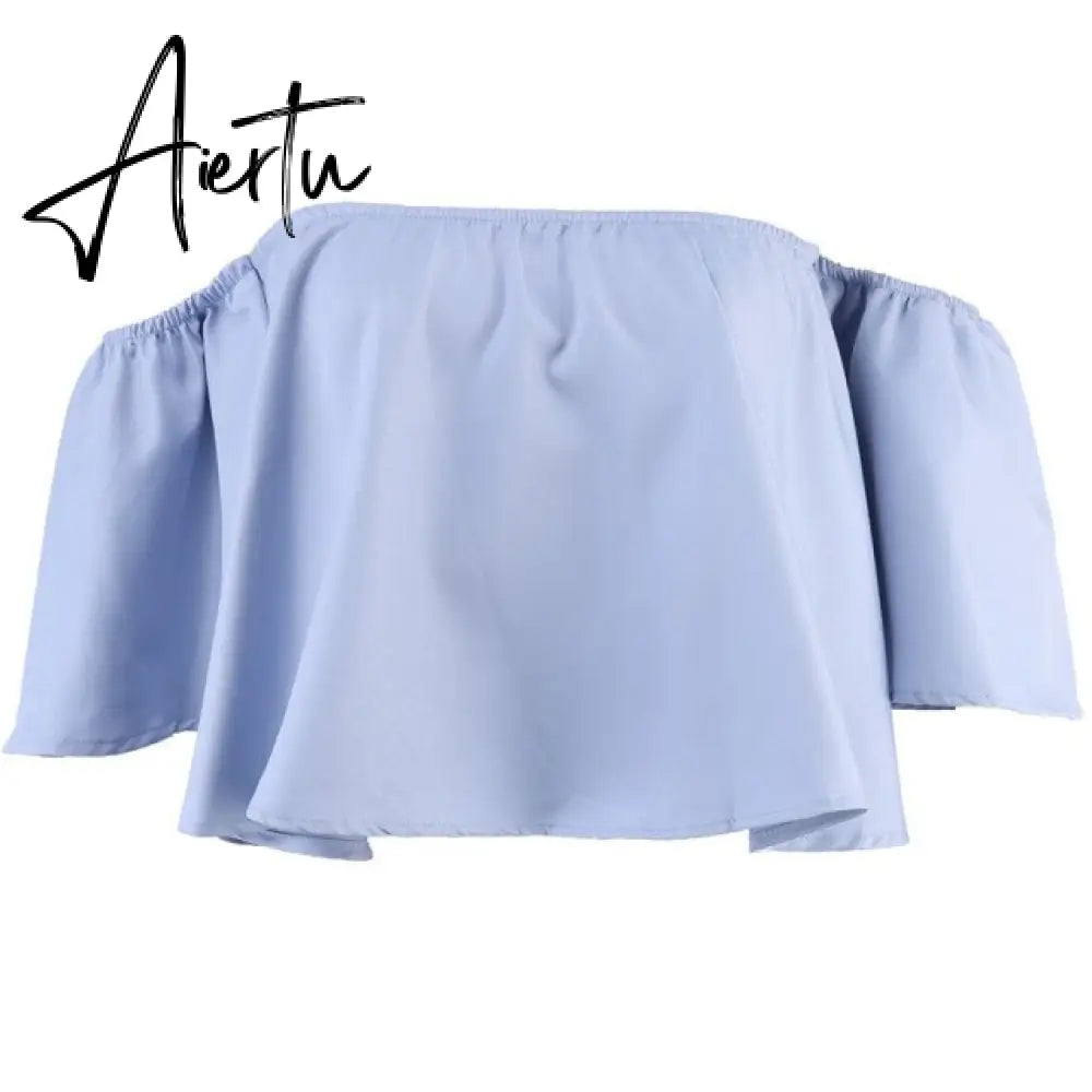 New Stylish Spring Summer Women Ladies Flare sleeve Off Shoulder Solid Tank shirts Crop Tops Cropped Pullovers Blouse Costume Aiertu