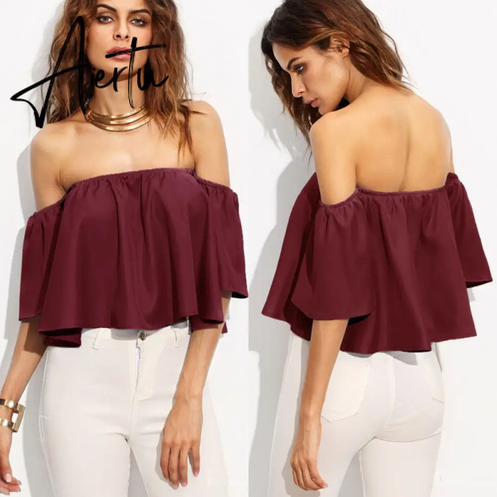 New Stylish Spring Summer Women Ladies Flare sleeve Off Shoulder Solid Tank shirts Crop Tops Cropped Pullovers Blouse Costume Aiertu