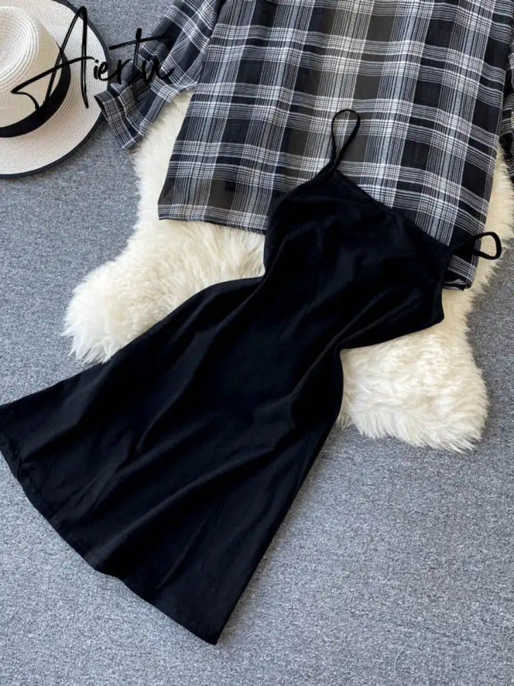 New Summer Autumn Casual Two Piece Set Long Sleeve Plaid Grey Overcoats Spaghetti Strap Slim Black Solid Dress Aiertu