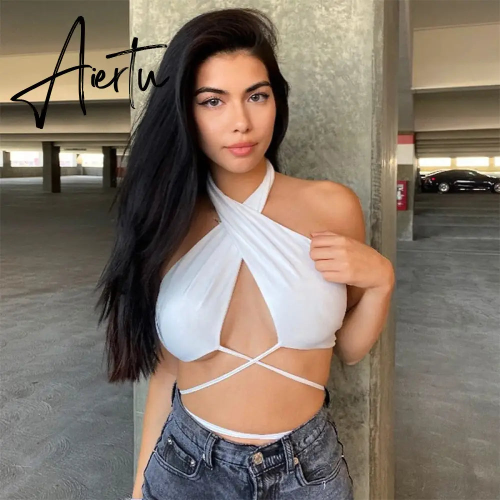 New Summer Chic Fashion Camisoles Sleeveless Halter Bandage Vest Sexy Crop Top Tanks For Women Club Party Hollow Tank Tops Aiertu