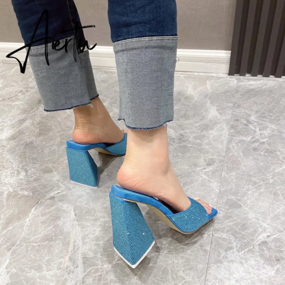 New Summer CRYSTAL Triangle Thick heel Slippers Sexy Street Woman Square toes Dress Party shoes size 35-41 Aiertu