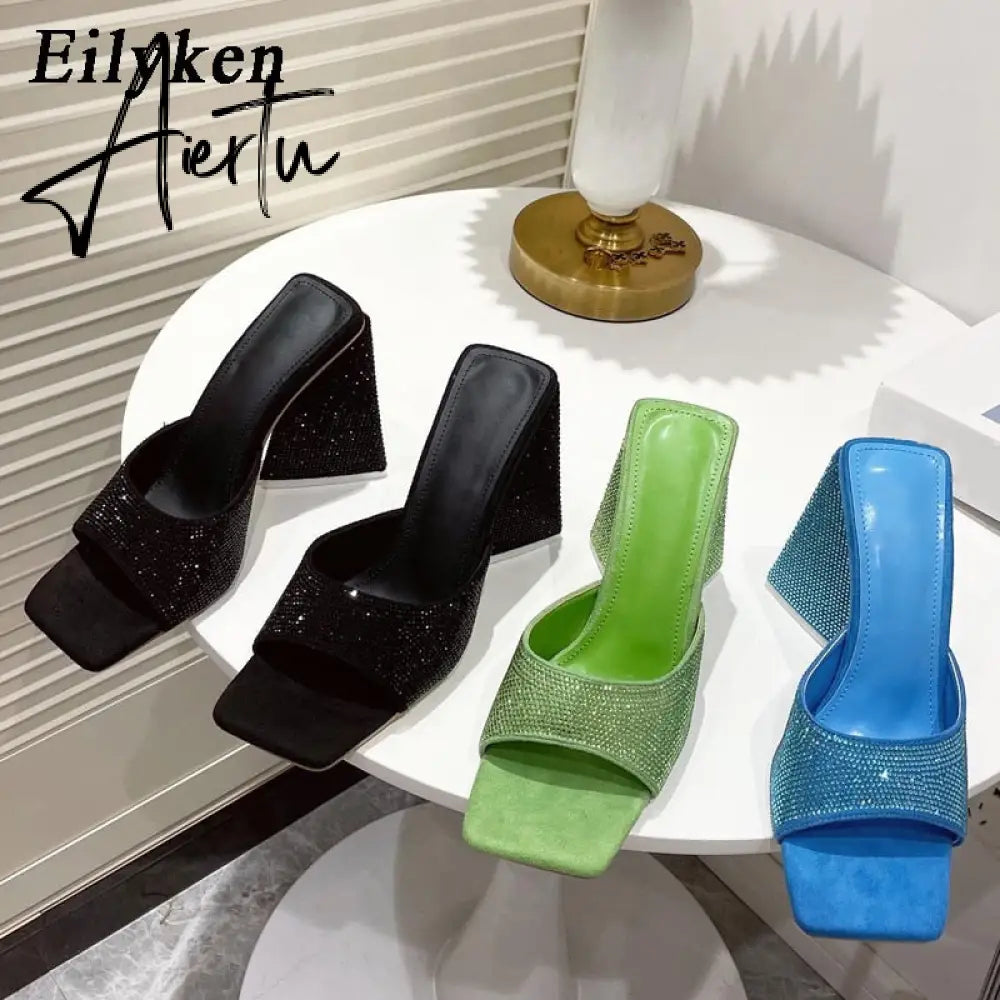 New Summer CRYSTAL Triangle Thick heel Slippers Sexy Street Woman Square toes Dress Party shoes size 35-41 Aiertu