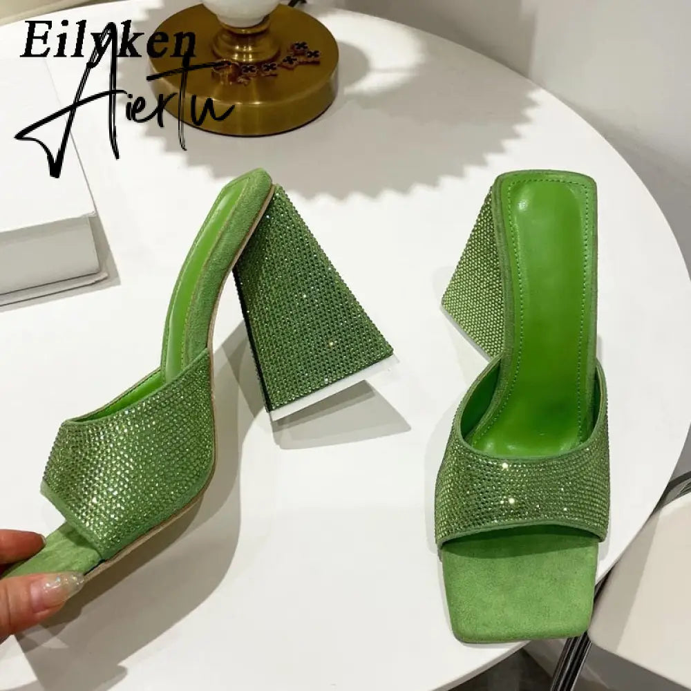New Summer CRYSTAL Triangle Thick heel Slippers Sexy Street Woman Square toes Dress Party shoes size 35-41 Aiertu