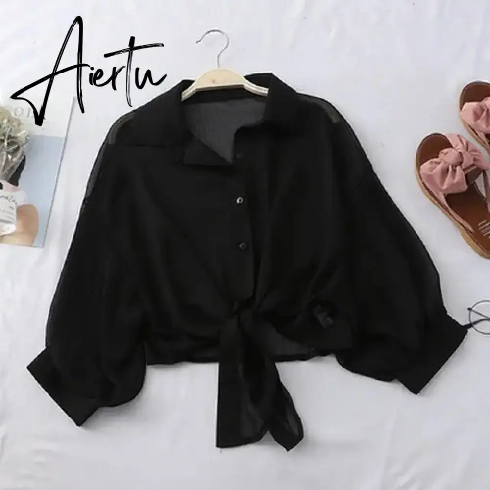 New Summer Half Sleeve Buttoned Up Shirt Loose Casual Blouse Chiffon Shirts Women Tied Waist Elegant Blouses for Women Aiertu