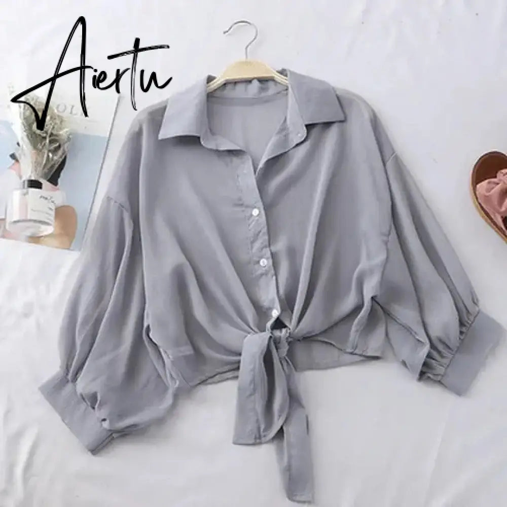 New Summer Half Sleeve Buttoned Up Shirt Loose Casual Blouse Chiffon Shirts Women Tied Waist Elegant Blouses for Women Aiertu