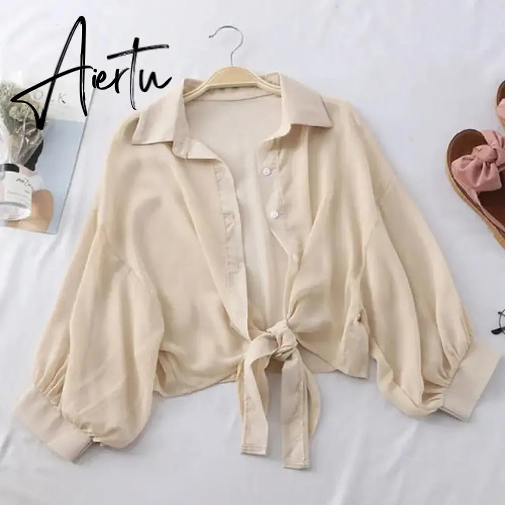 New Summer Half Sleeve Buttoned Up Shirt Loose Casual Blouse Chiffon Shirts Women Tied Waist Elegant Blouses for Women Aiertu