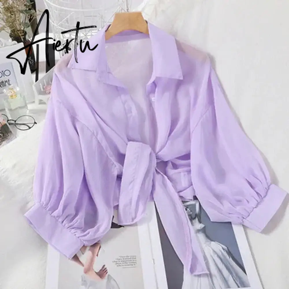 New Summer Half Sleeve Buttoned Up Shirt Loose Casual Blouse Chiffon Shirts Women Tied Waist Elegant Blouses for Women Aiertu