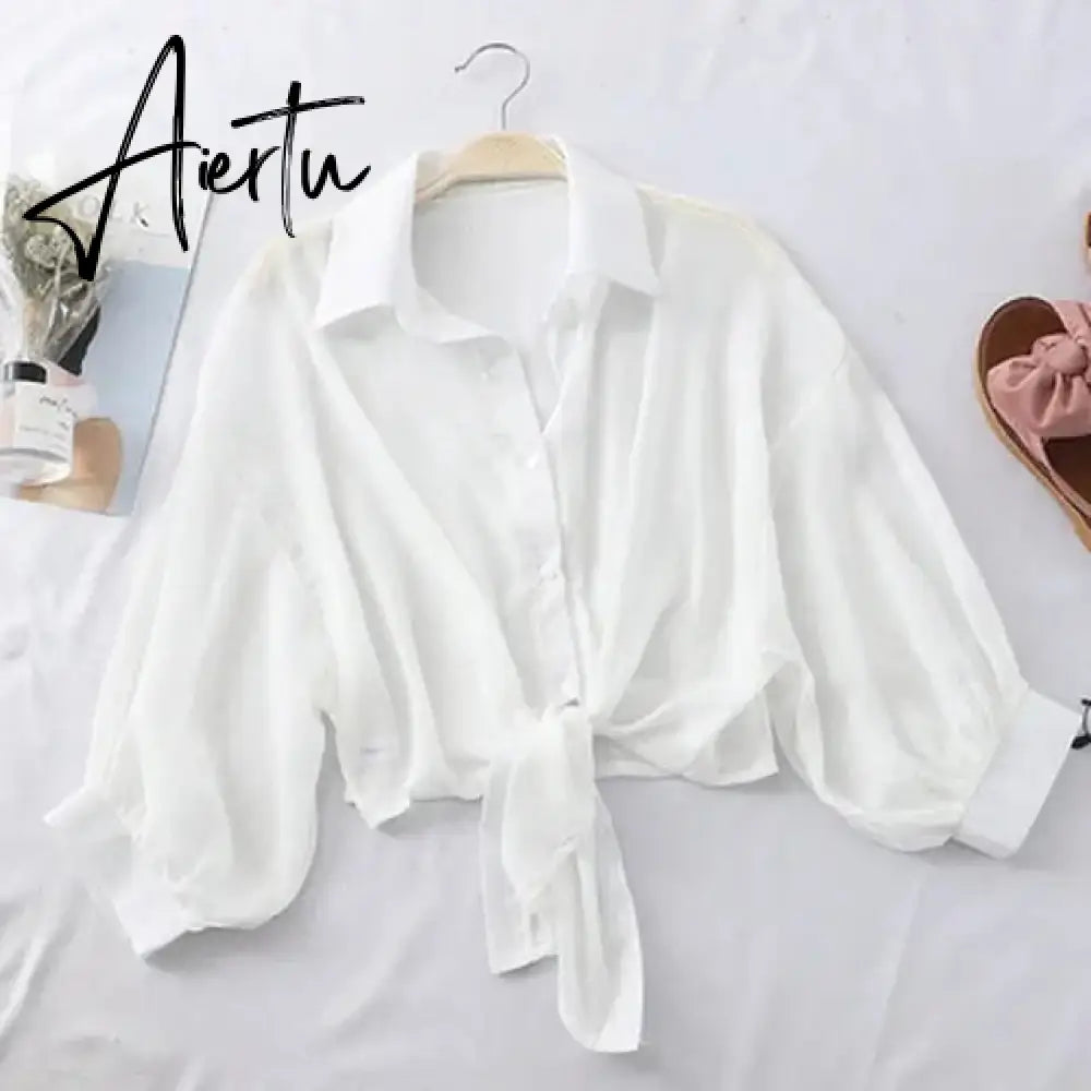 New Summer Half Sleeve Buttoned Up Shirt Loose Casual Blouse Chiffon Shirts Women Tied Waist Elegant Blouses for Women Aiertu