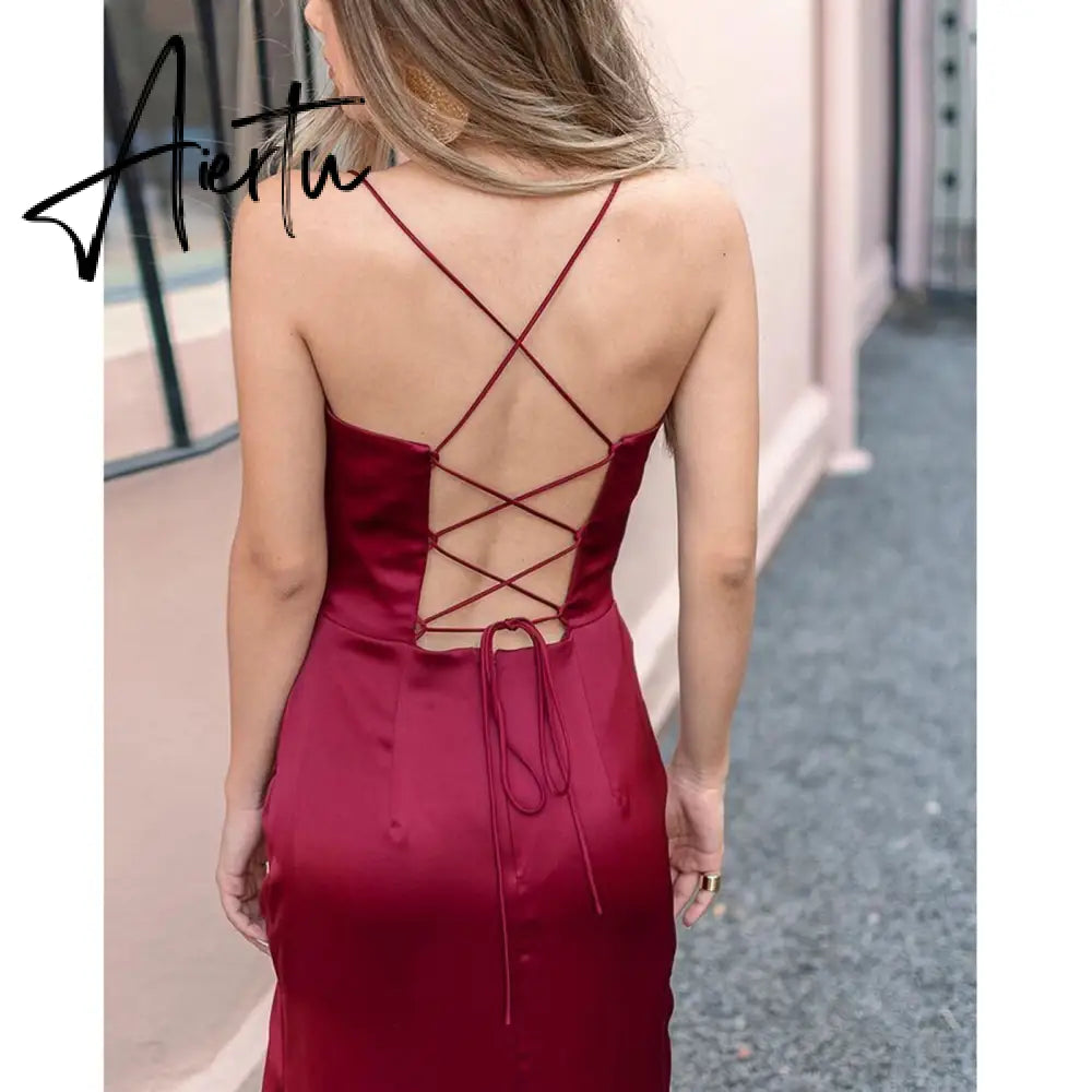 New Summer Prom Dress Women'S Sling Sleeveless Solid Color Dress One Word Neck Slim Fit Open Back Slit Red Sexy Dress Aiertu