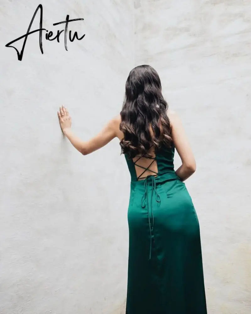 New Summer Prom Dress Women'S Sling Sleeveless Solid Color Dress One Word Neck Slim Fit Open Back Slit Red Sexy Dress Aiertu