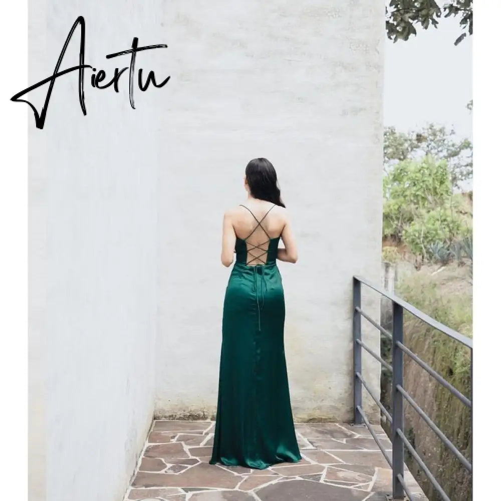 New Summer Prom Dress Women'S Sling Sleeveless Solid Color Dress One Word Neck Slim Fit Open Back Slit Red Sexy Dress Aiertu