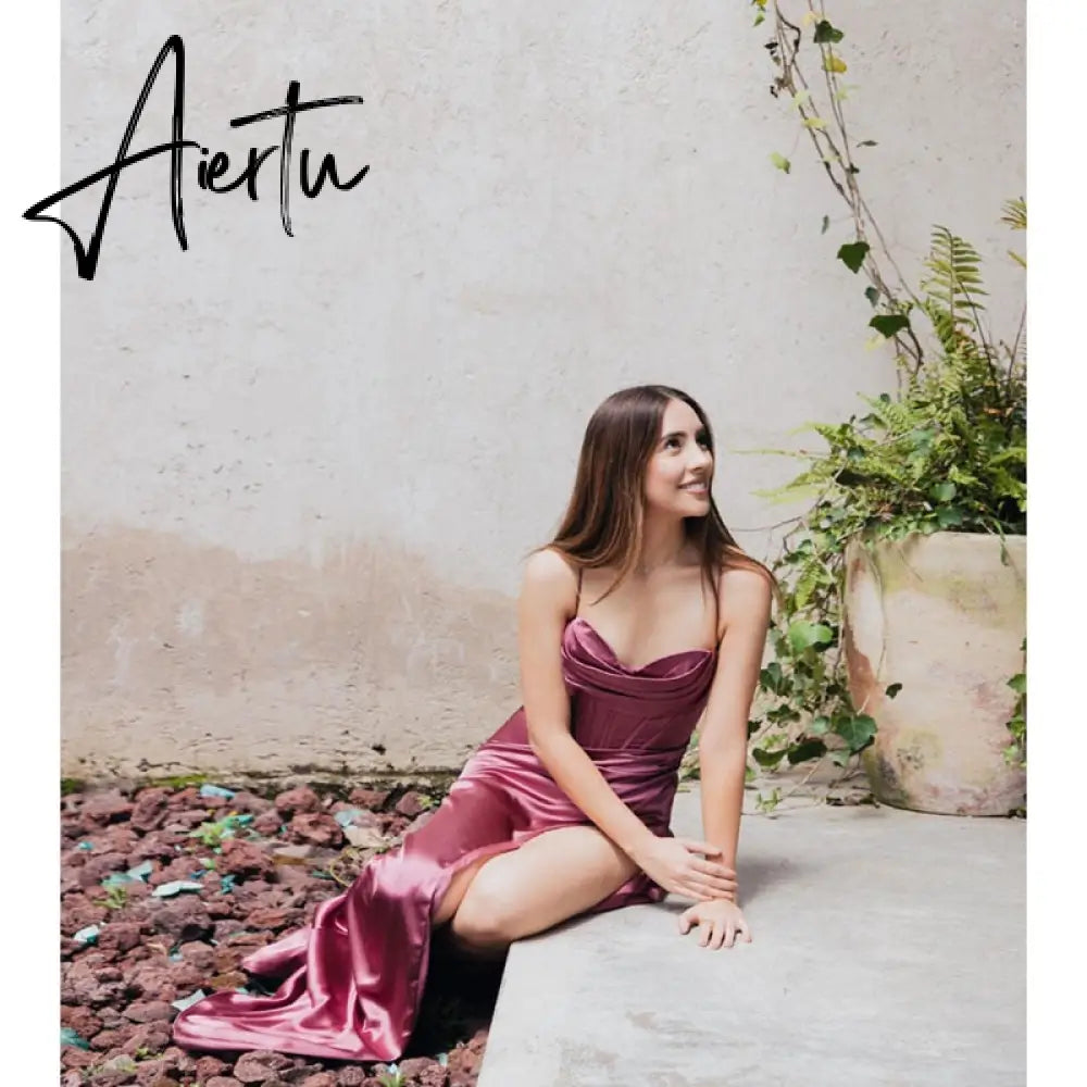 New Summer Prom Dress Women'S Sling Sleeveless Solid Color Dress One Word Neck Slim Fit Open Back Slit Red Sexy Dress Aiertu