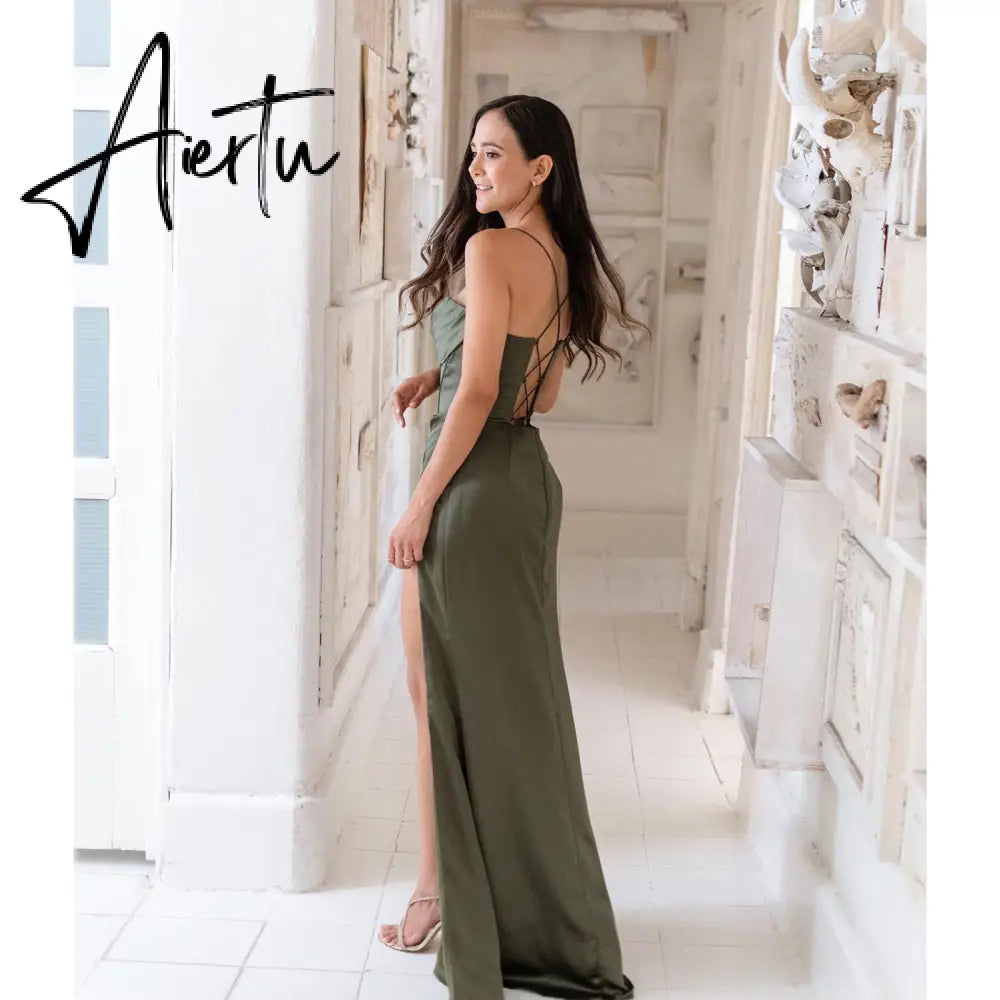 New Summer Prom Dress Women'S Sling Sleeveless Solid Color Dress One Word Neck Slim Fit Open Back Slit Red Sexy Dress Aiertu