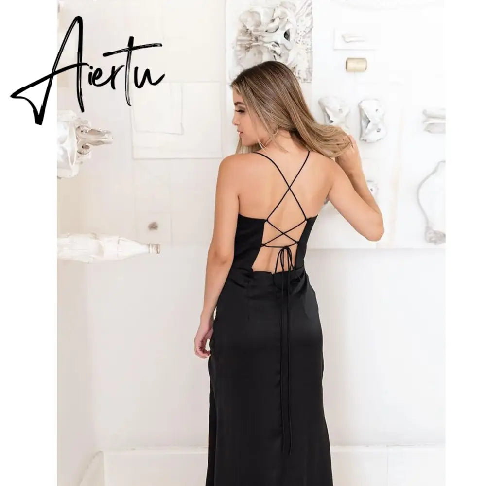 New Summer Prom Dress Women'S Sling Sleeveless Solid Color Dress One Word Neck Slim Fit Open Back Slit Red Sexy Dress Aiertu