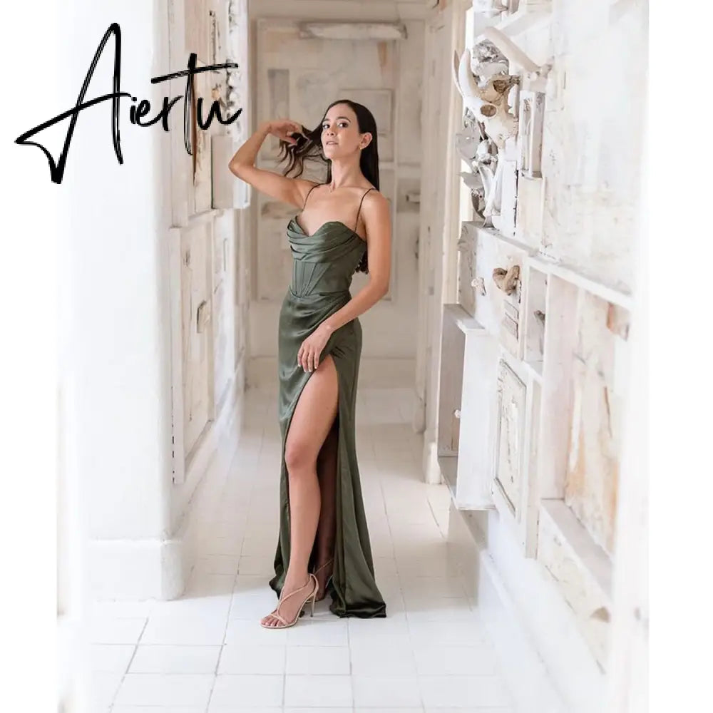 New Summer Prom Dress Women'S Sling Sleeveless Solid Color Dress One Word Neck Slim Fit Open Back Slit Red Sexy Dress Aiertu