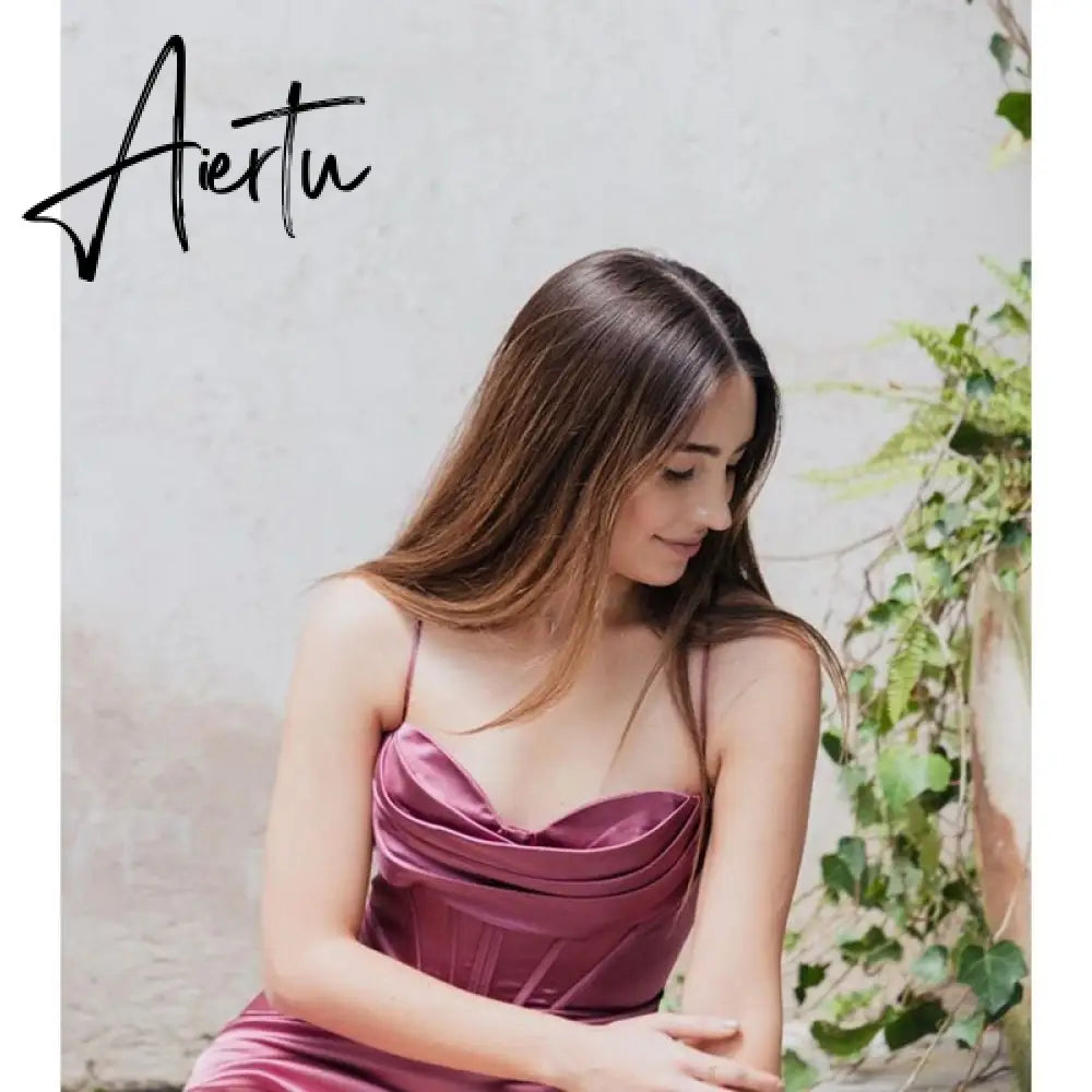 New Summer Prom Dress Women'S Sling Sleeveless Solid Color Dress One Word Neck Slim Fit Open Back Slit Red Sexy Dress Aiertu